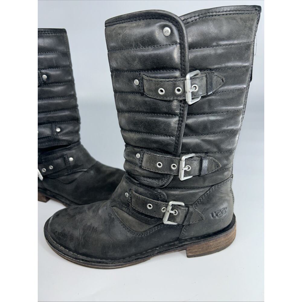 UGG Australia Women's Sz 6 Tatum Black Leather Buckle Moto Riding Boots 1001833